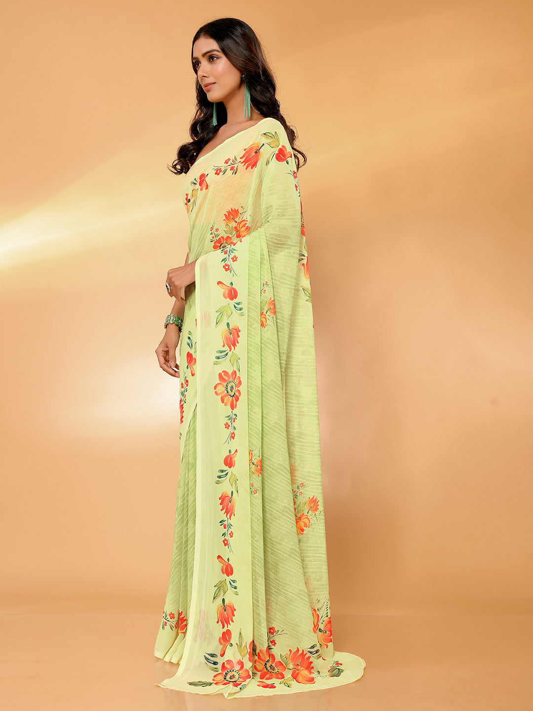 Light Green Georgette Floral Printed Daily Wear Saree with Blouse Piece