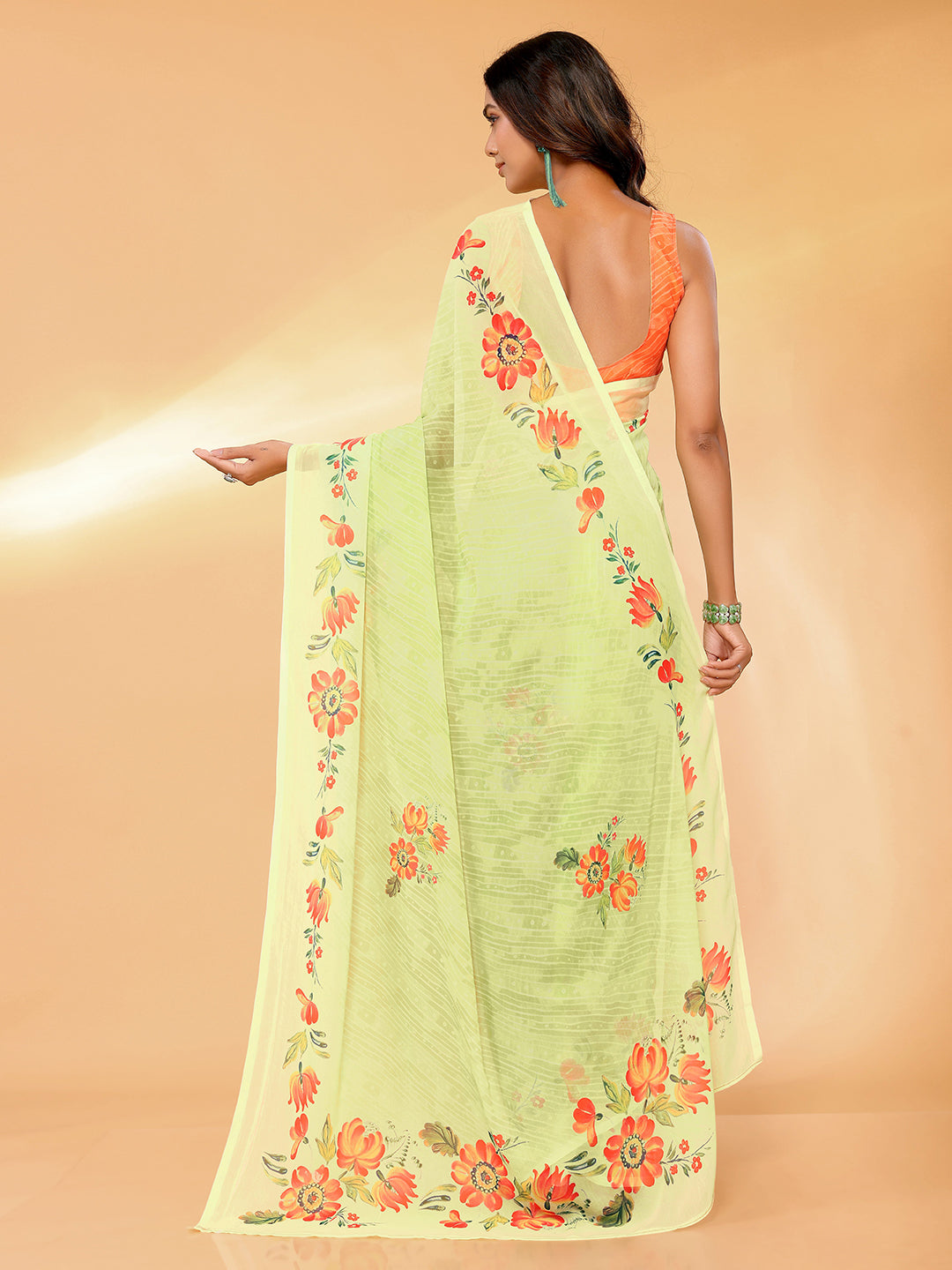 Light Green Georgette Floral Printed Daily Wear Saree with Blouse Piece