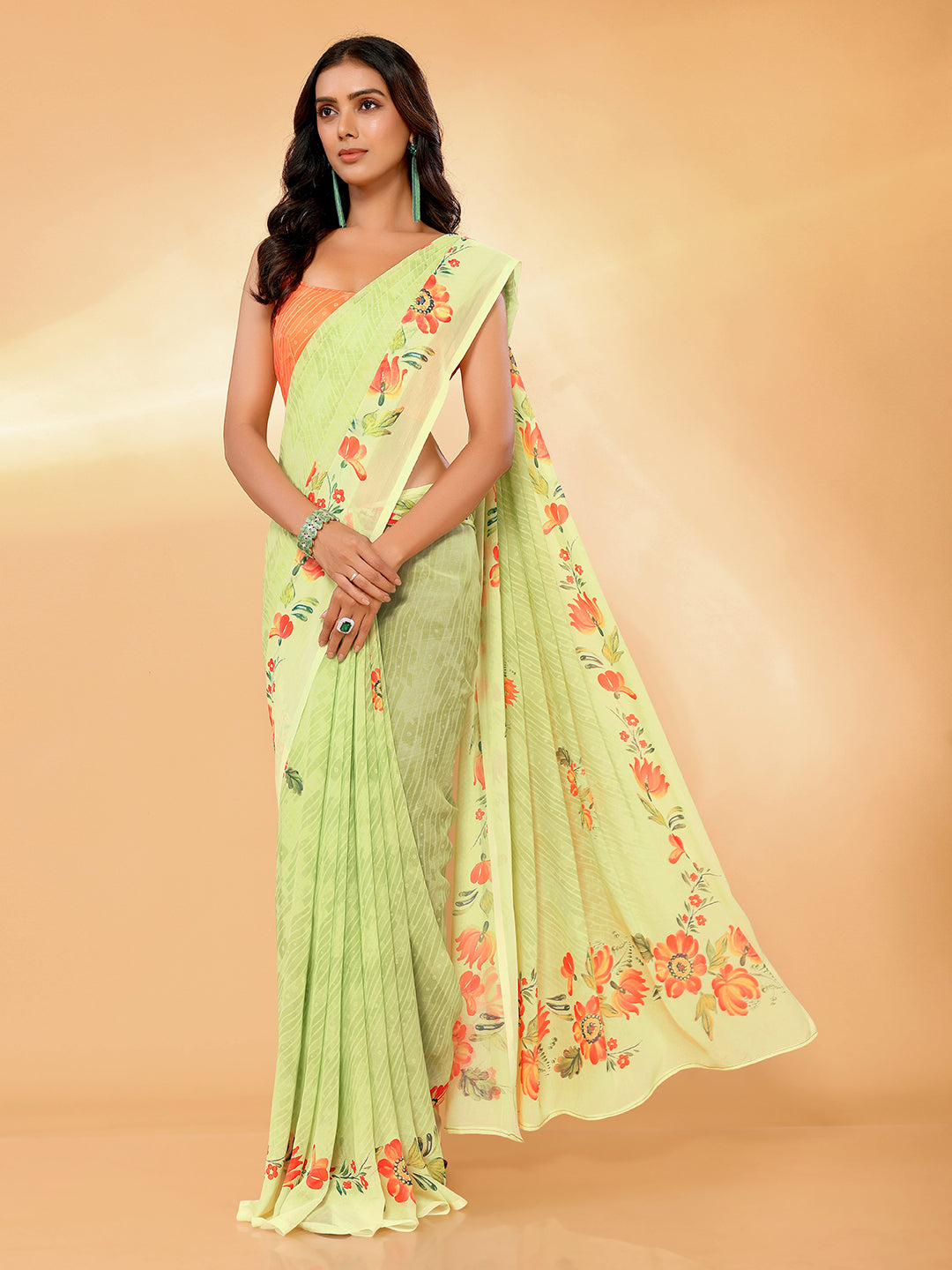 Light Green Georgette Floral Printed Daily Wear Saree with Blouse Piece