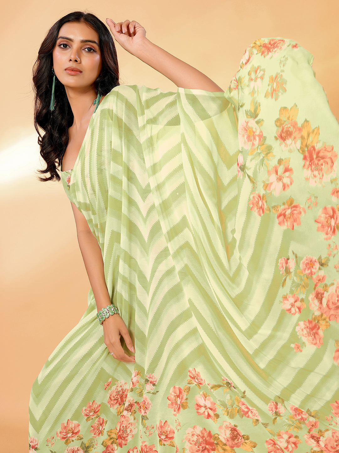 Light Green Georgette Floral Printed Daily Wear Saree with Blouse Piece