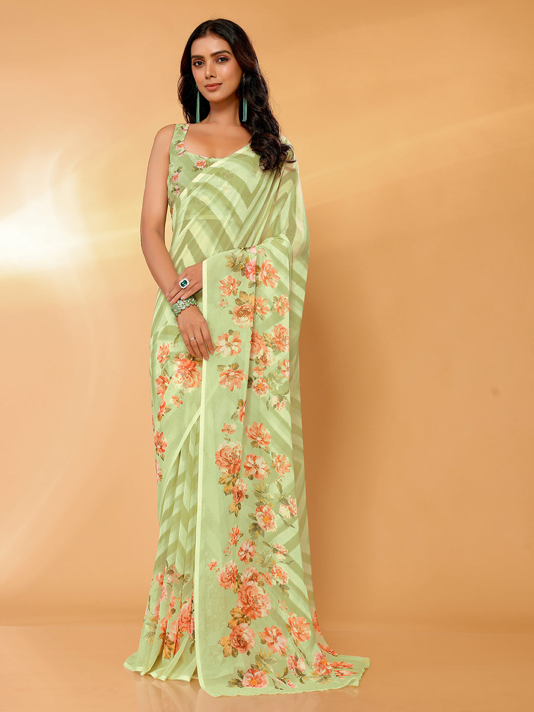 Light Green Georgette Floral Printed Daily Wear Saree with Blouse Piece