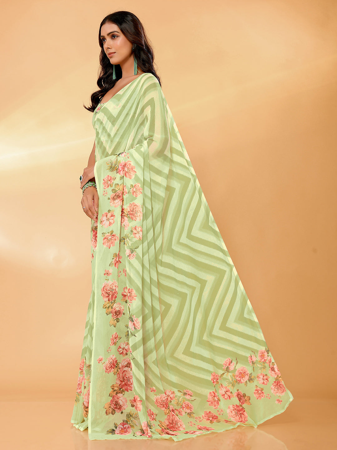 Light Green Georgette Floral Printed Daily Wear Saree with Blouse Piece