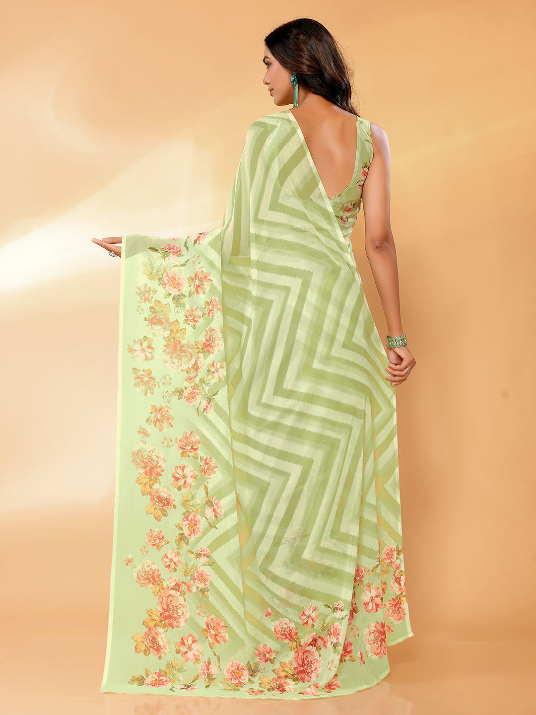 Light Green Georgette Floral Printed Daily Wear Saree with Blouse Piece