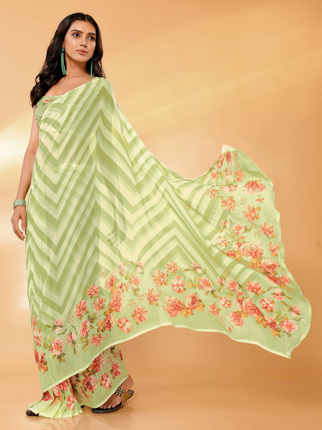 Light Green Georgette Floral Printed Daily Wear Saree with Blouse Piece