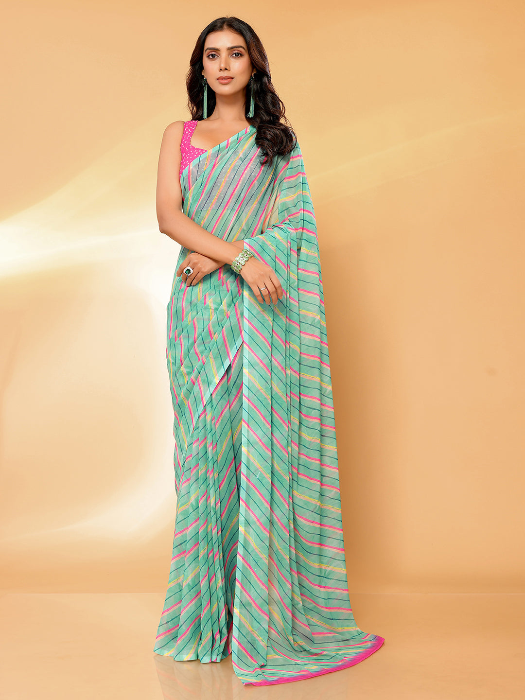 Sage Green Georgette Leheriya Printed Leheria Saree with Blouse Piece