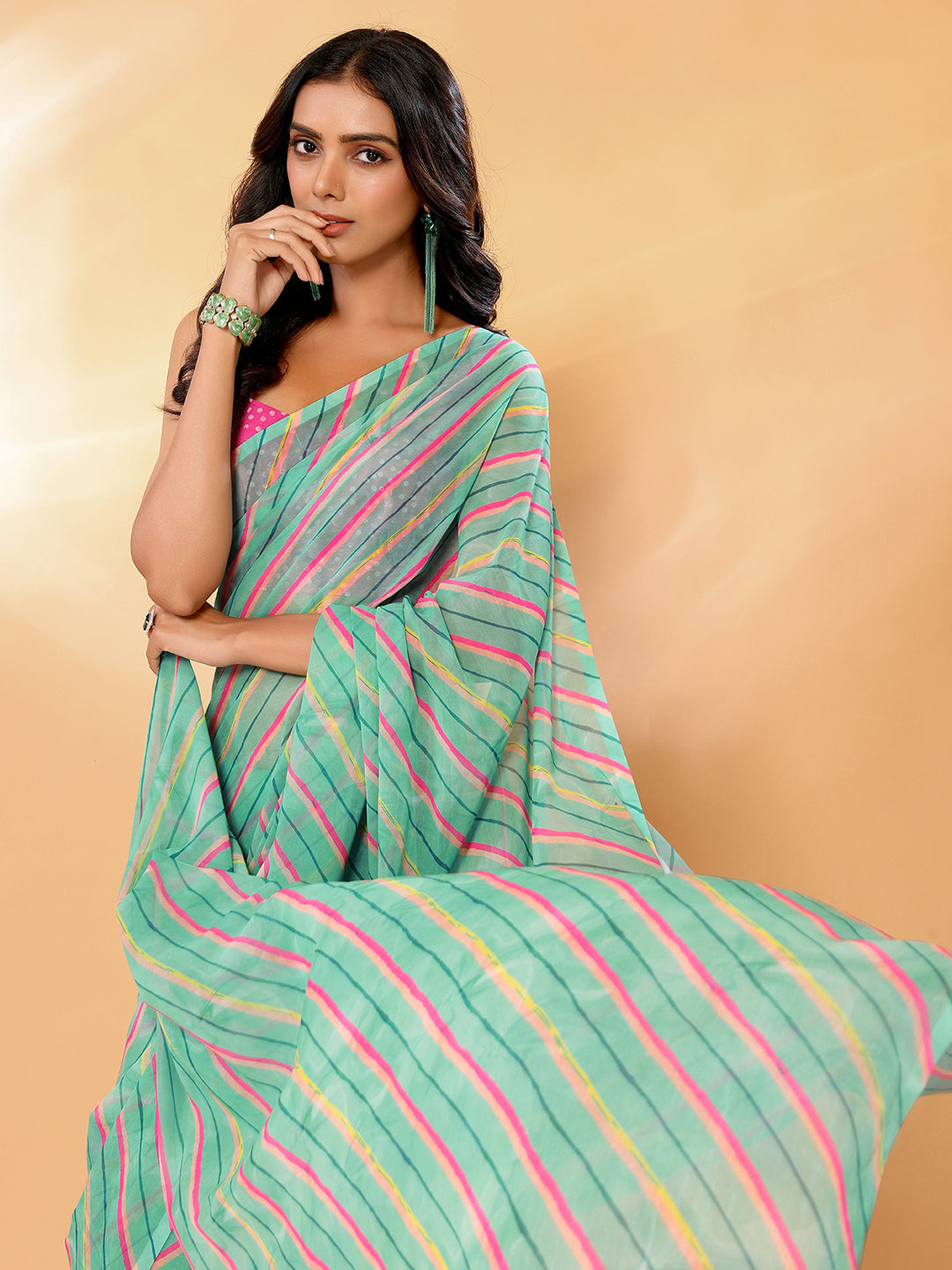 Sage Green Georgette Leheriya Printed Leheria Saree with Blouse Piece