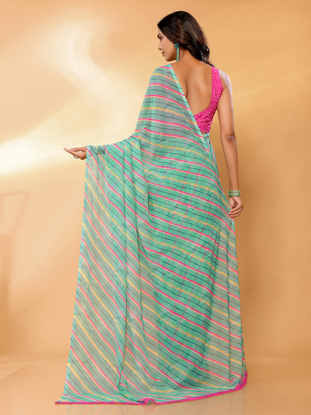 Sage Green Georgette Leheriya Printed Leheria Saree with Blouse Piece