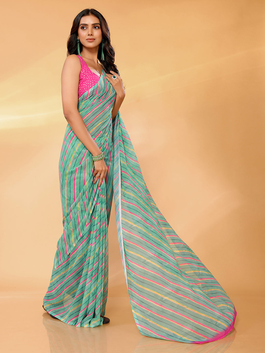 Sage Green Georgette Leheriya Printed Leheria Saree with Blouse Piece
