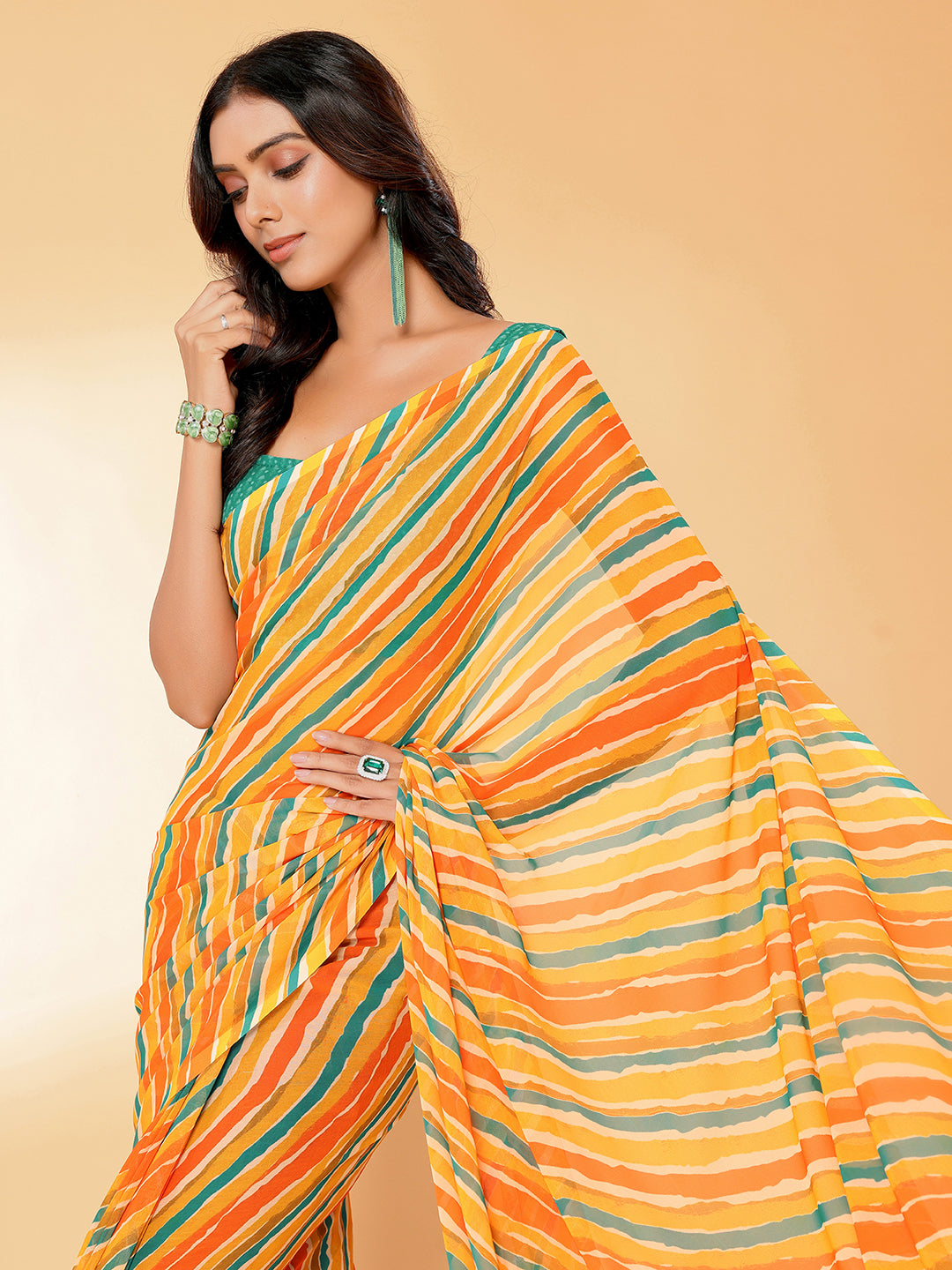 Orange Georgette Leheriya Printed Leheria Saree with Blouse Piece