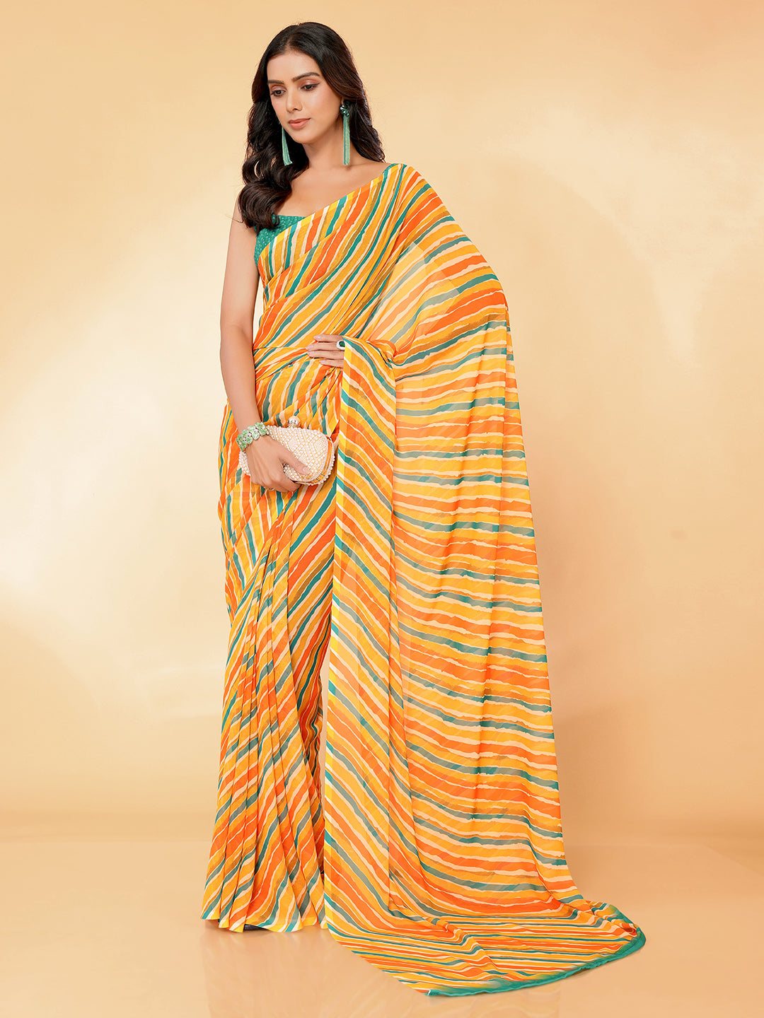 Orange Georgette Leheriya Printed Leheria Saree with Blouse Piece