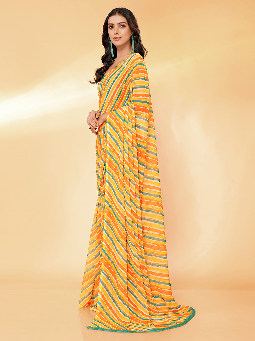 Orange Georgette Leheriya Printed Leheria Saree with Blouse Piece