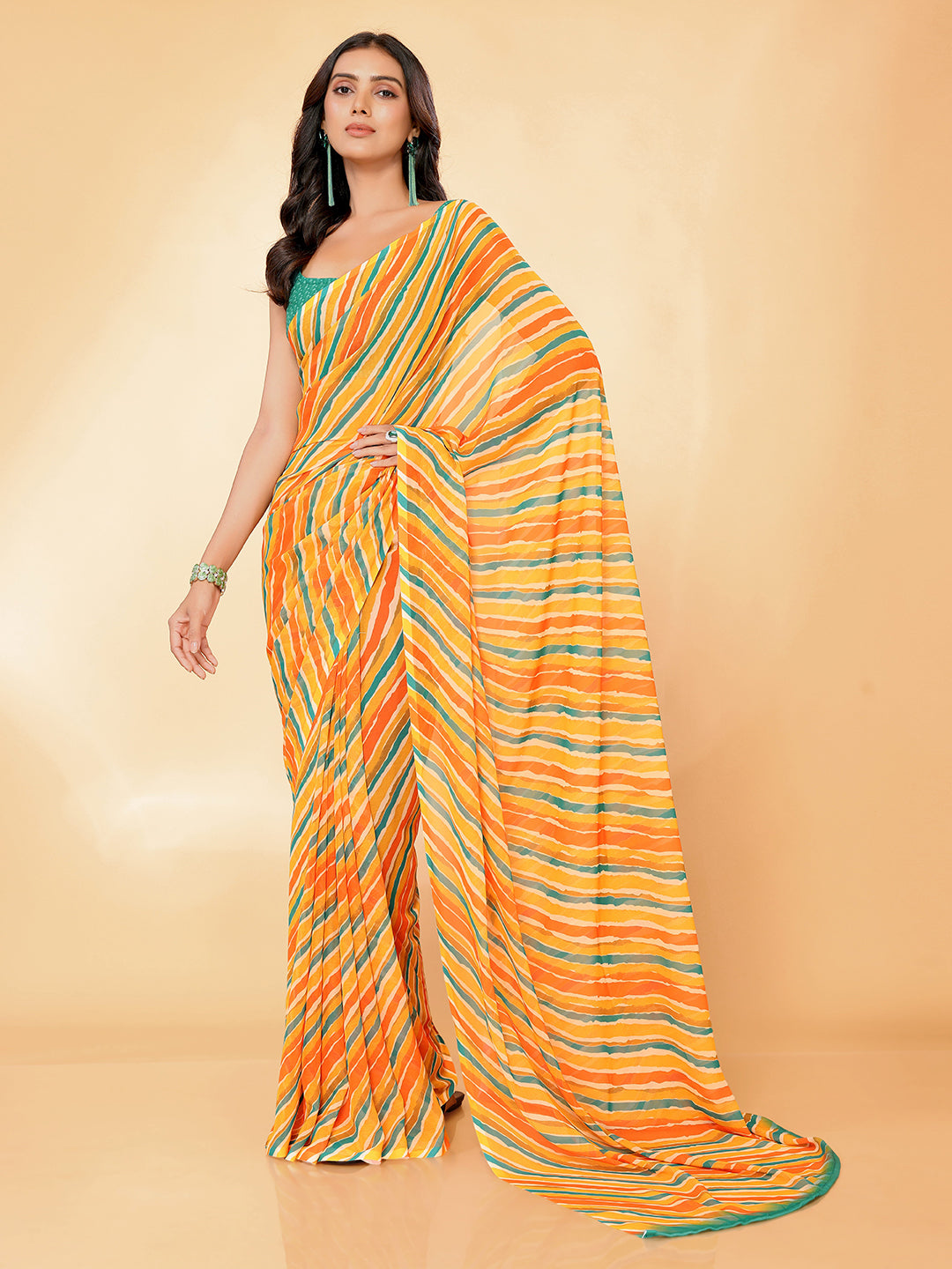 Orange Georgette Leheriya Printed Leheria Saree with Blouse Piece