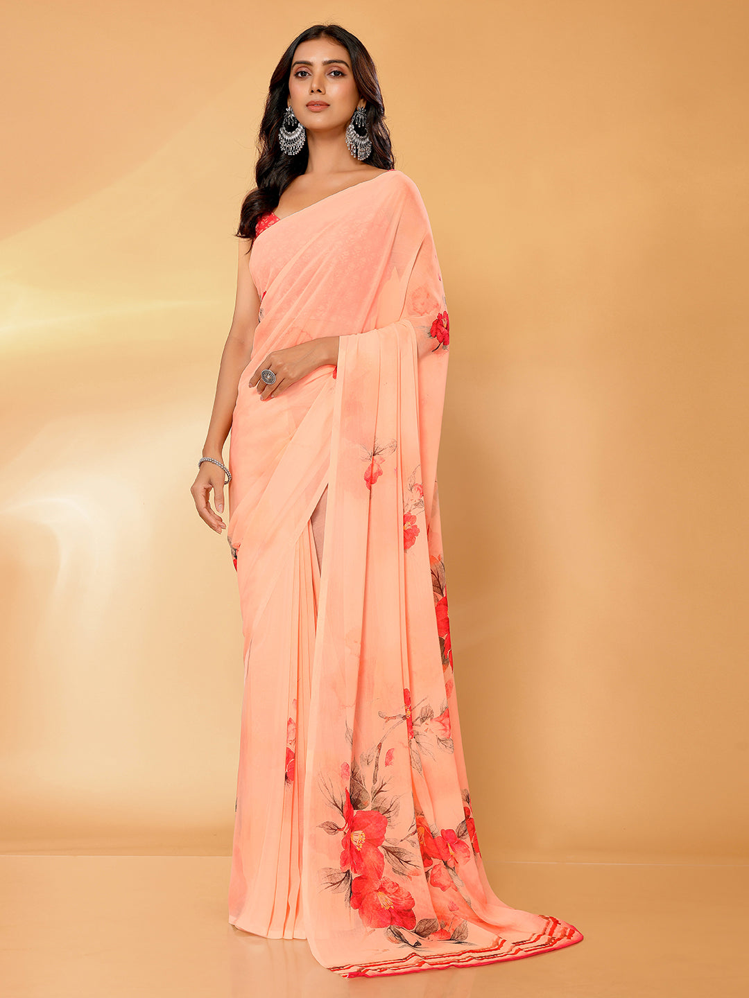 Peach Georgette Floral Printed Daily Wear Saree with Blouse Piece