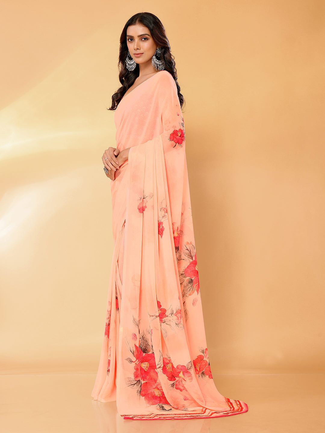 Peach Georgette Floral Printed Daily Wear Saree with Blouse Piece