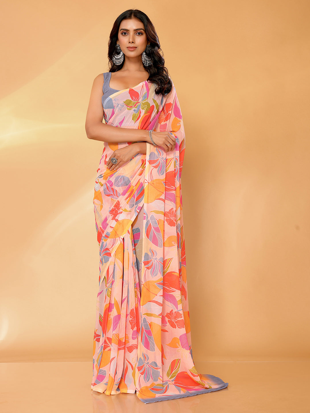 Peach Georgette Tropical Printed Daily Wear Saree with Blouse Piece