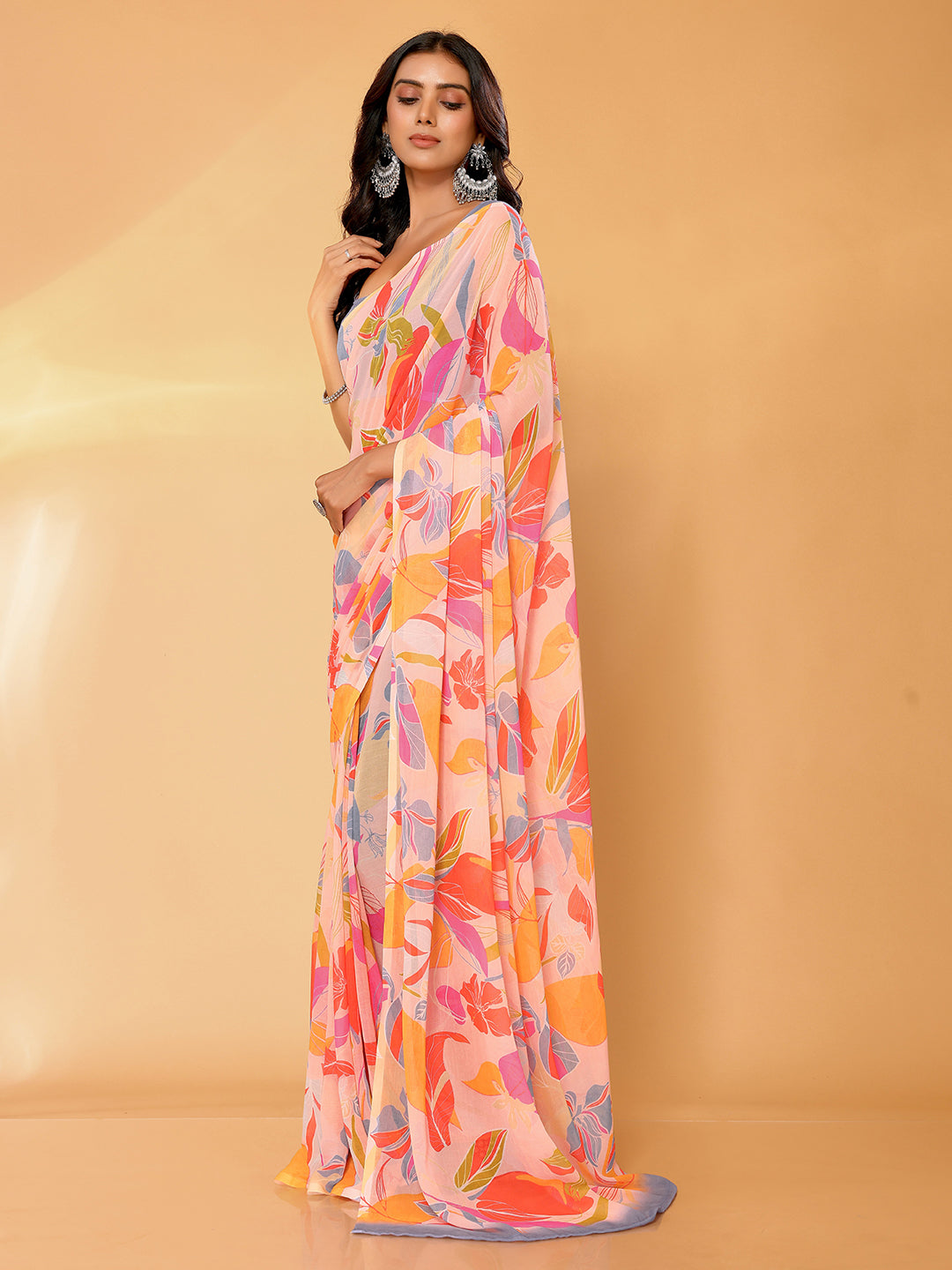Peach Georgette Tropical Printed Daily Wear Saree with Blouse Piece
