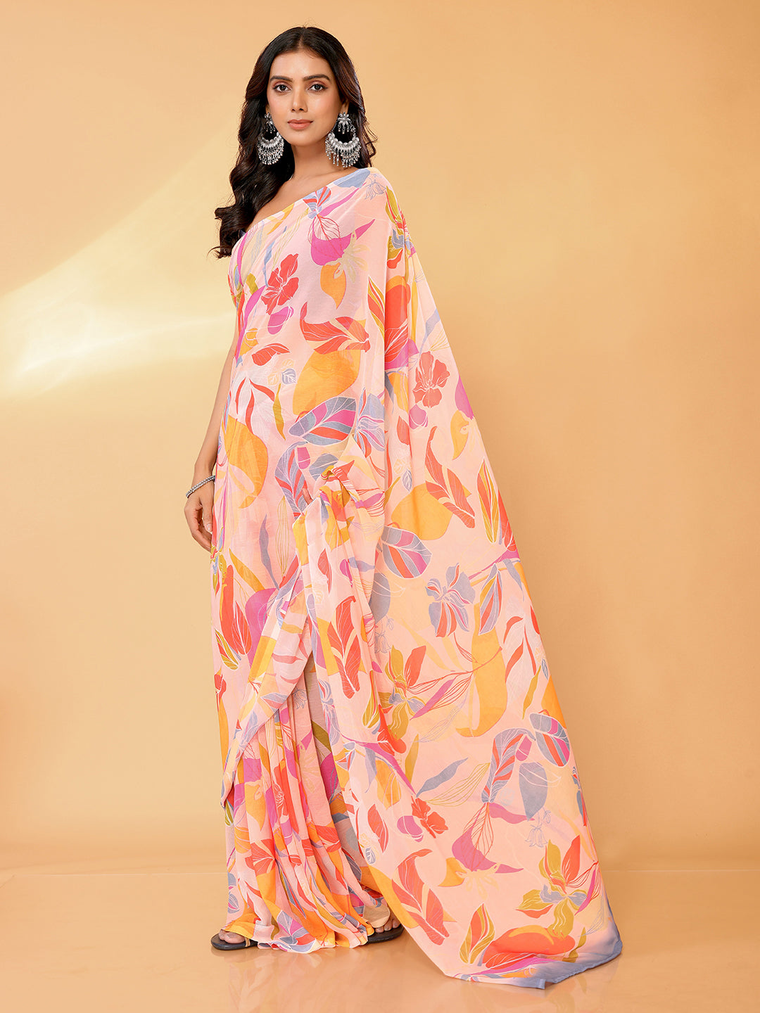 Peach Georgette Tropical Printed Daily Wear Saree with Blouse Piece