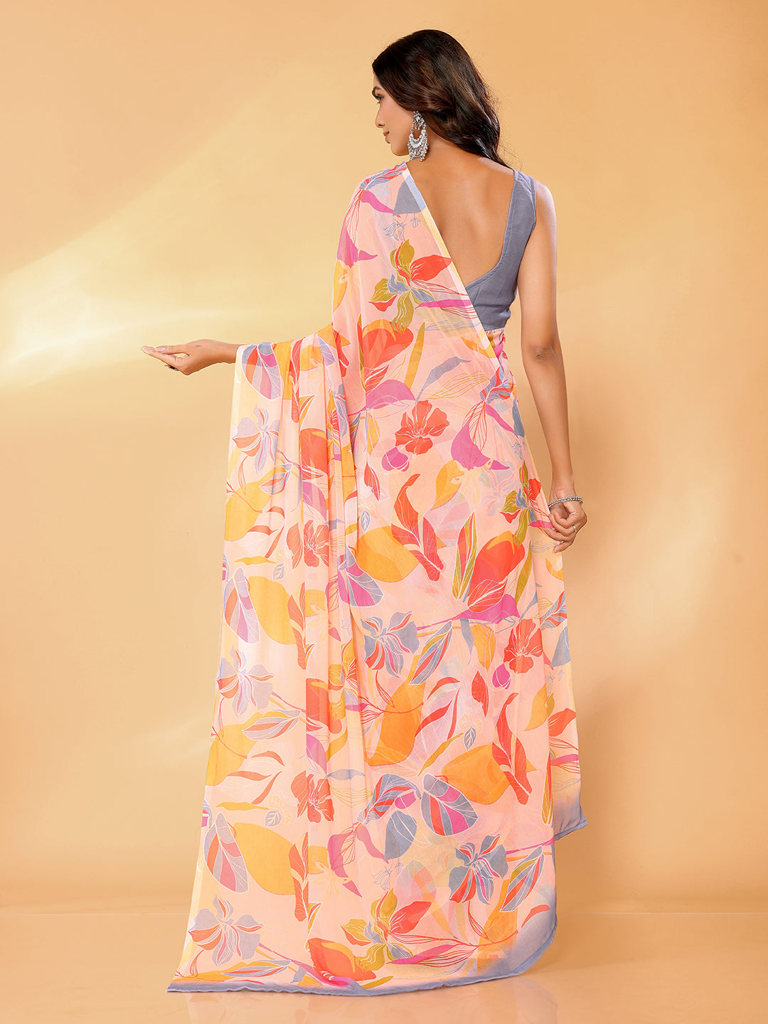 Peach Georgette Tropical Printed Daily Wear Saree with Blouse Piece