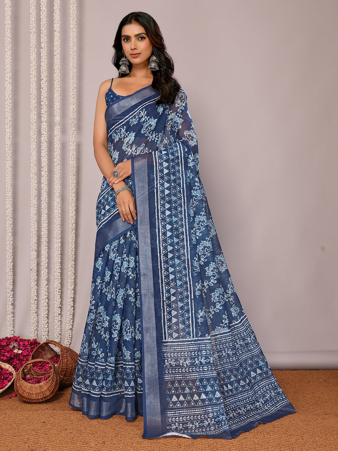 Navy Blue Linen Blend Floral Printed Daily Wear Saree with Blouse Piece