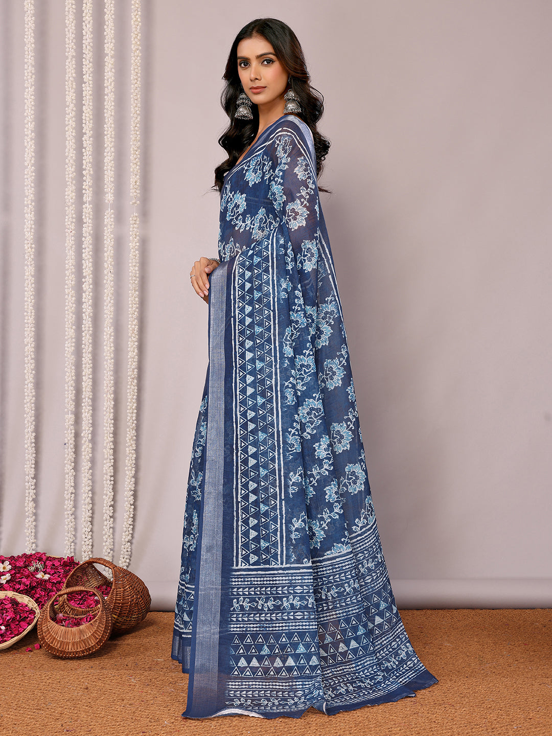 Navy Blue Linen Blend Floral Printed Daily Wear Saree with Blouse Piece