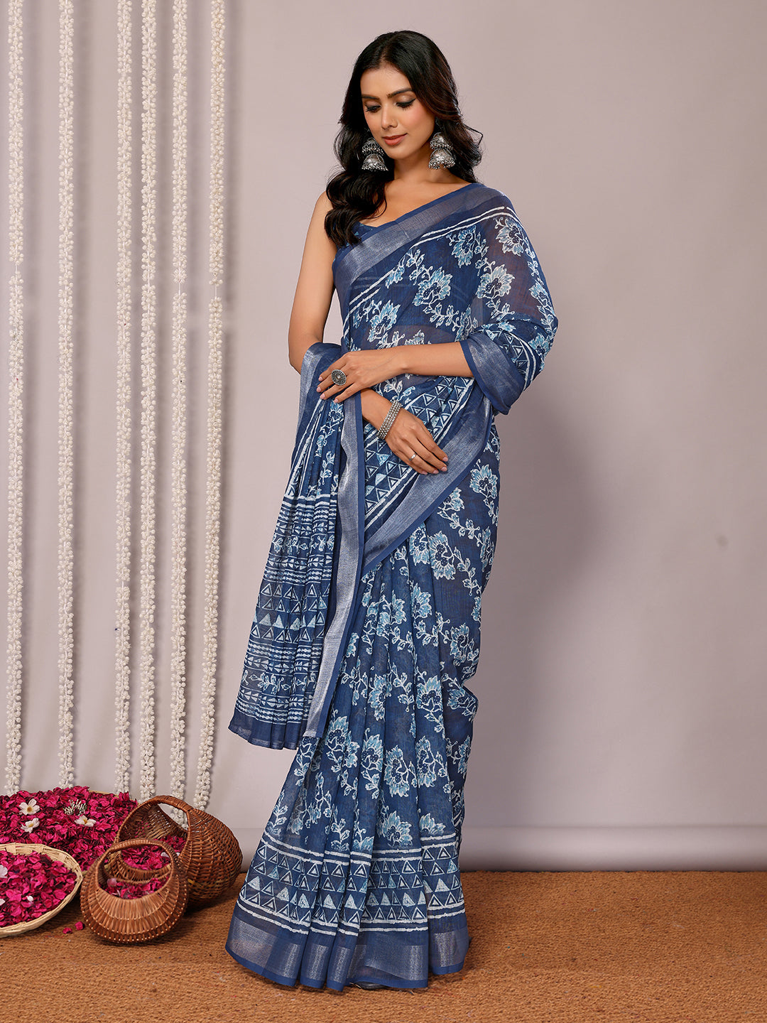 Navy Blue Linen Blend Floral Printed Daily Wear Saree with Blouse Piece