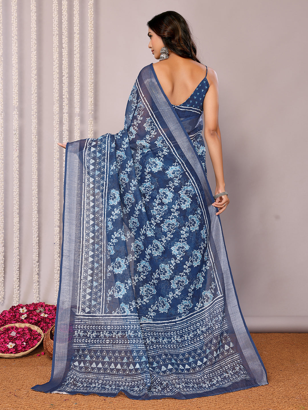 Navy Blue Linen Blend Floral Printed Daily Wear Saree with Blouse Piece
