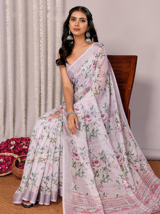 Lavender Linen Blend Floral Printed Daily Wear Saree with Blouse Piece