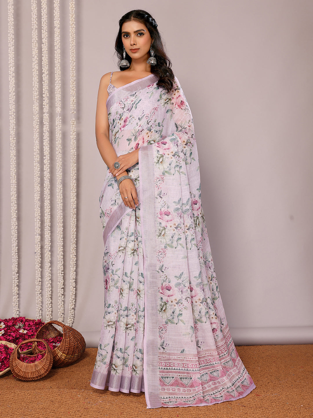 Lavender Linen Blend Floral Printed Daily Wear Saree with Blouse Piece