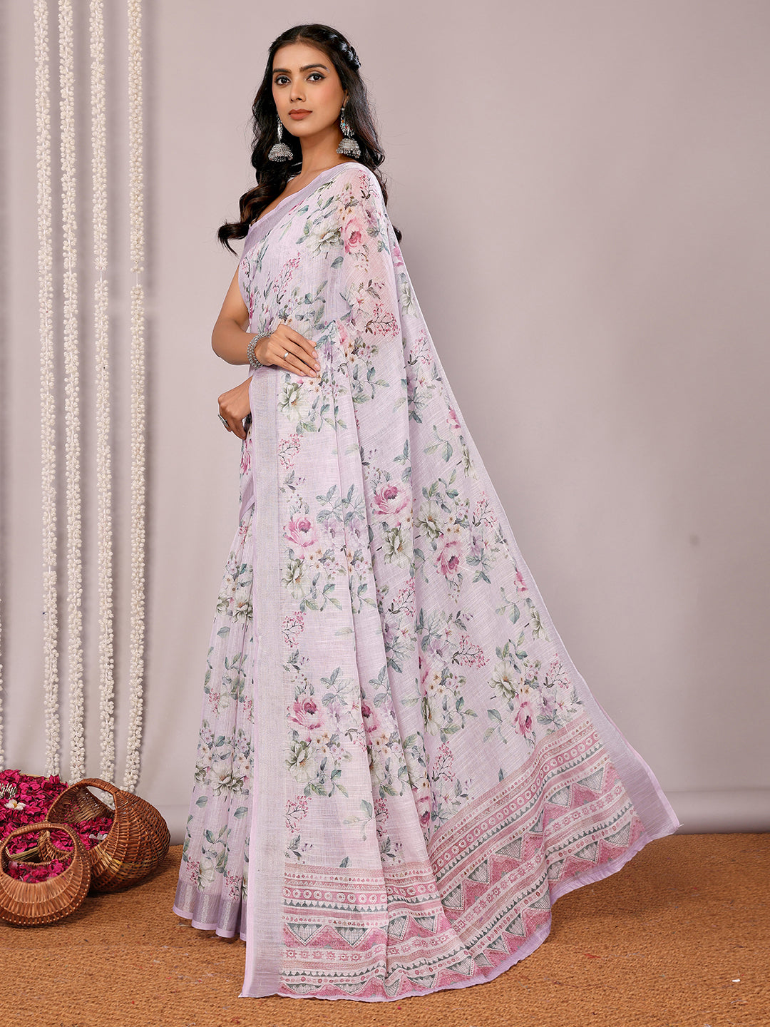 Lavender Linen Blend Floral Printed Daily Wear Saree with Blouse Piece