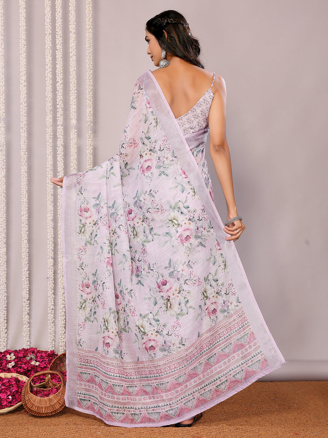 Lavender Linen Blend Floral Printed Daily Wear Saree with Blouse Piece