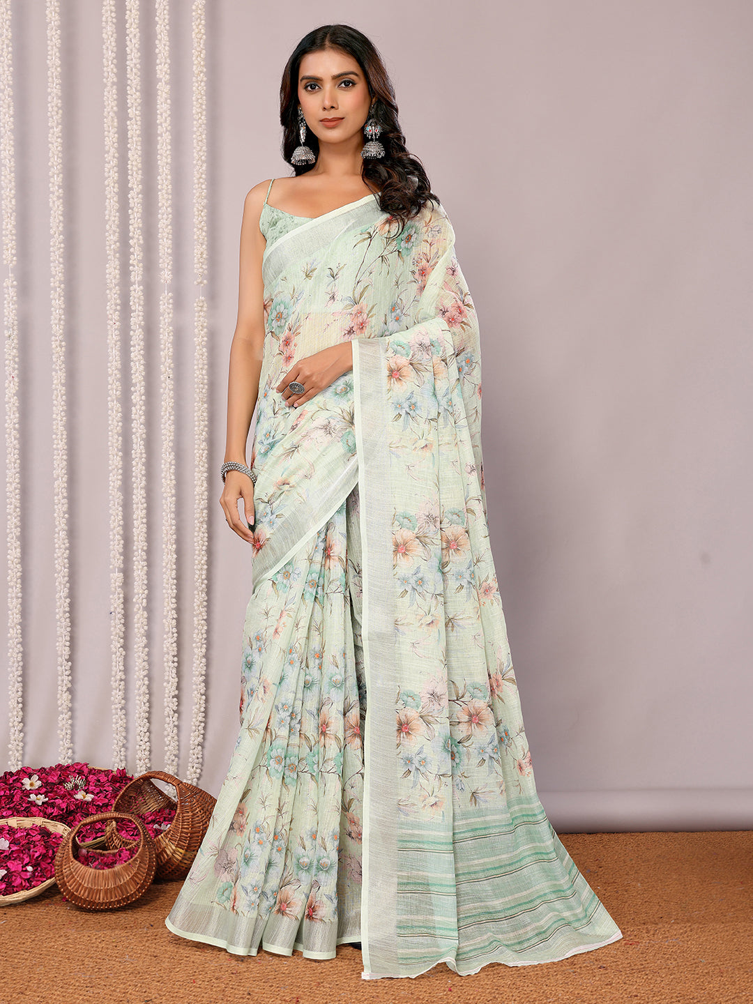 Light Green Linen Blend Floral Printed Daily Wear Saree with Blouse Piece