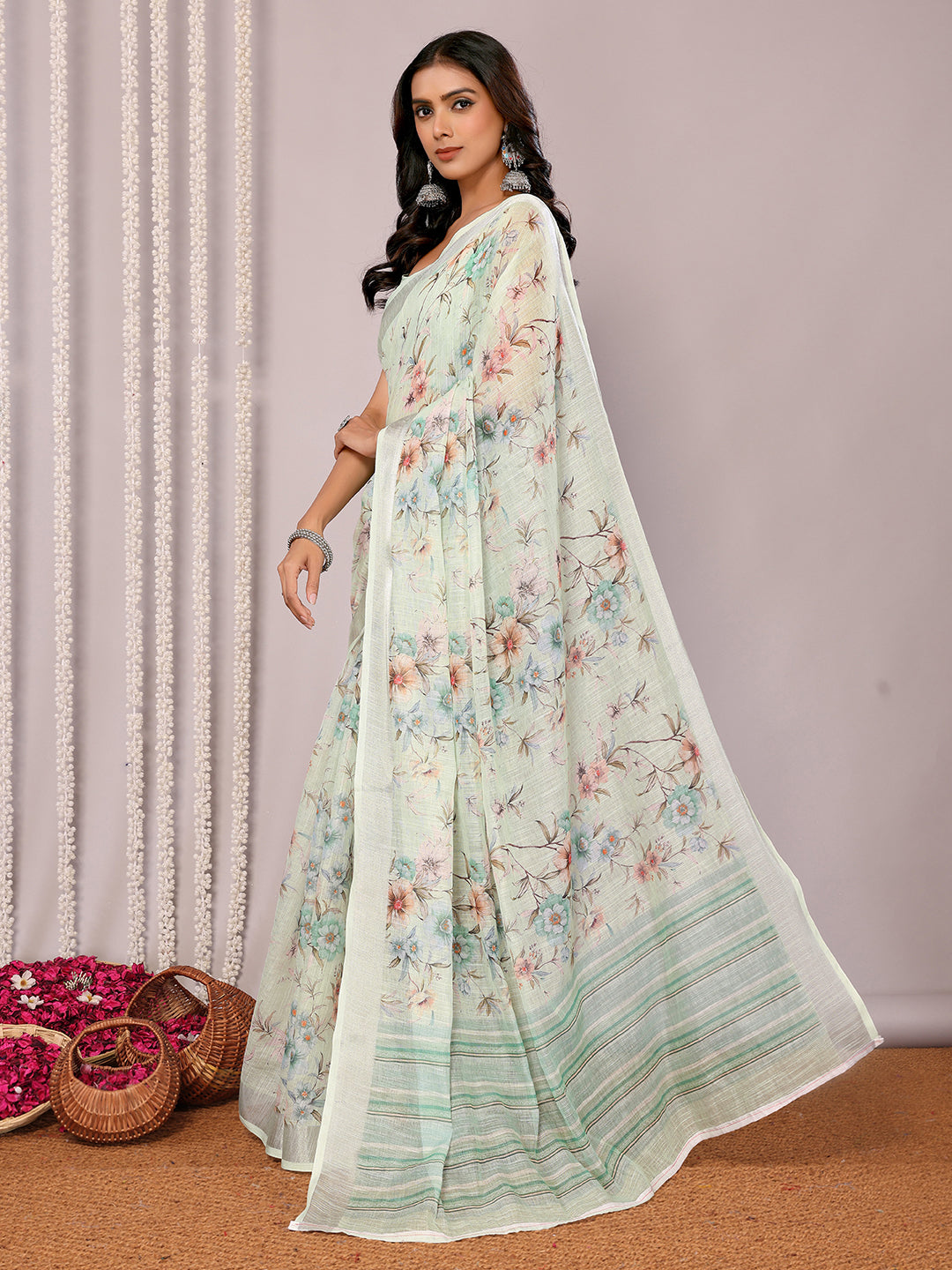 Light Green Linen Blend Floral Printed Daily Wear Saree with Blouse Piece