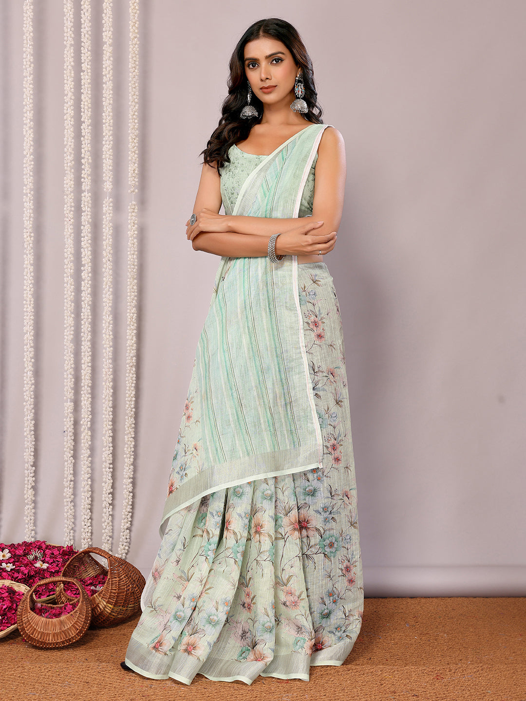 Light Green Linen Blend Floral Printed Daily Wear Saree with Blouse Piece
