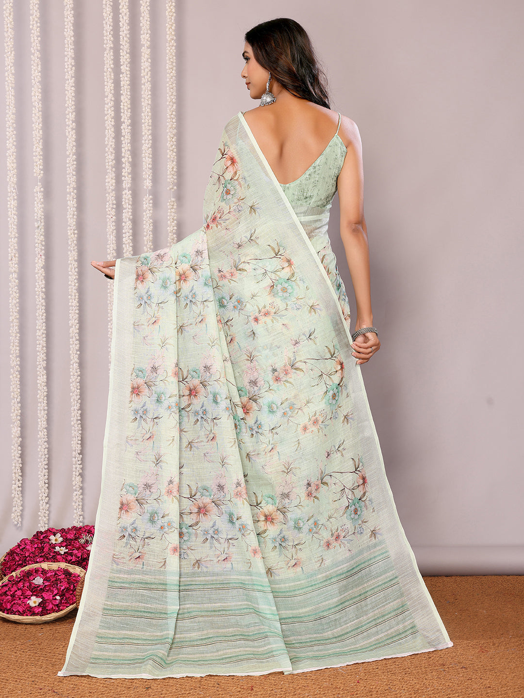 Light Green Linen Blend Floral Printed Daily Wear Saree with Blouse Piece