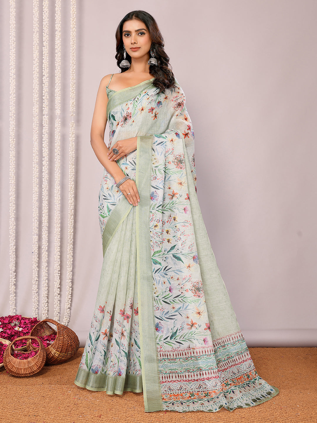 Light Green Linen Blend Floral Printed Daily Wear Saree with Blouse Piece