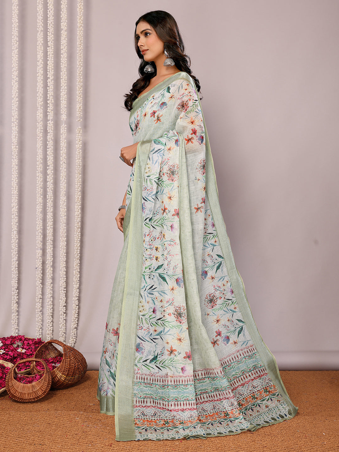 Light Green Linen Blend Floral Printed Daily Wear Saree with Blouse Piece