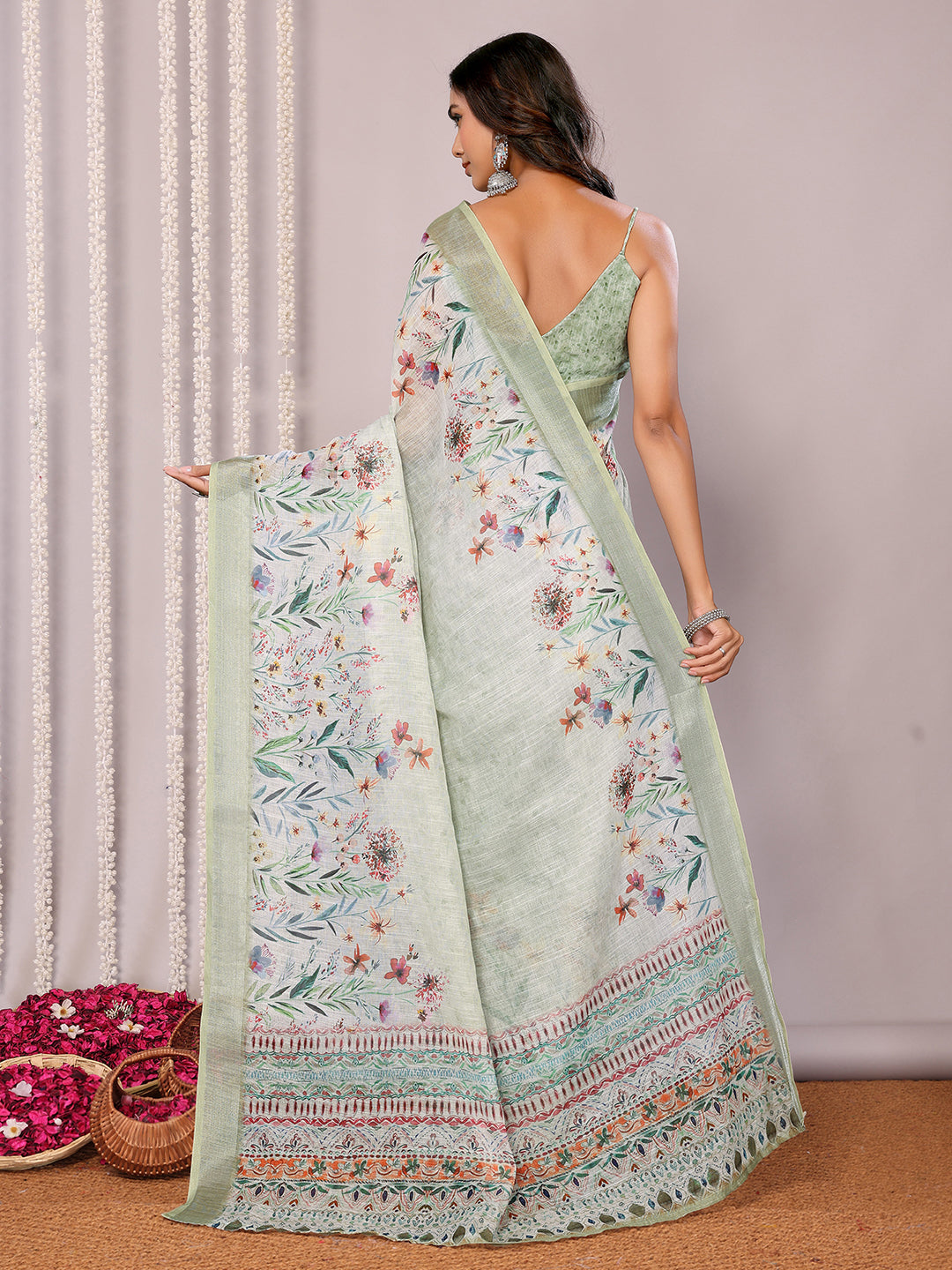 Light Green Linen Blend Floral Printed Daily Wear Saree with Blouse Piece