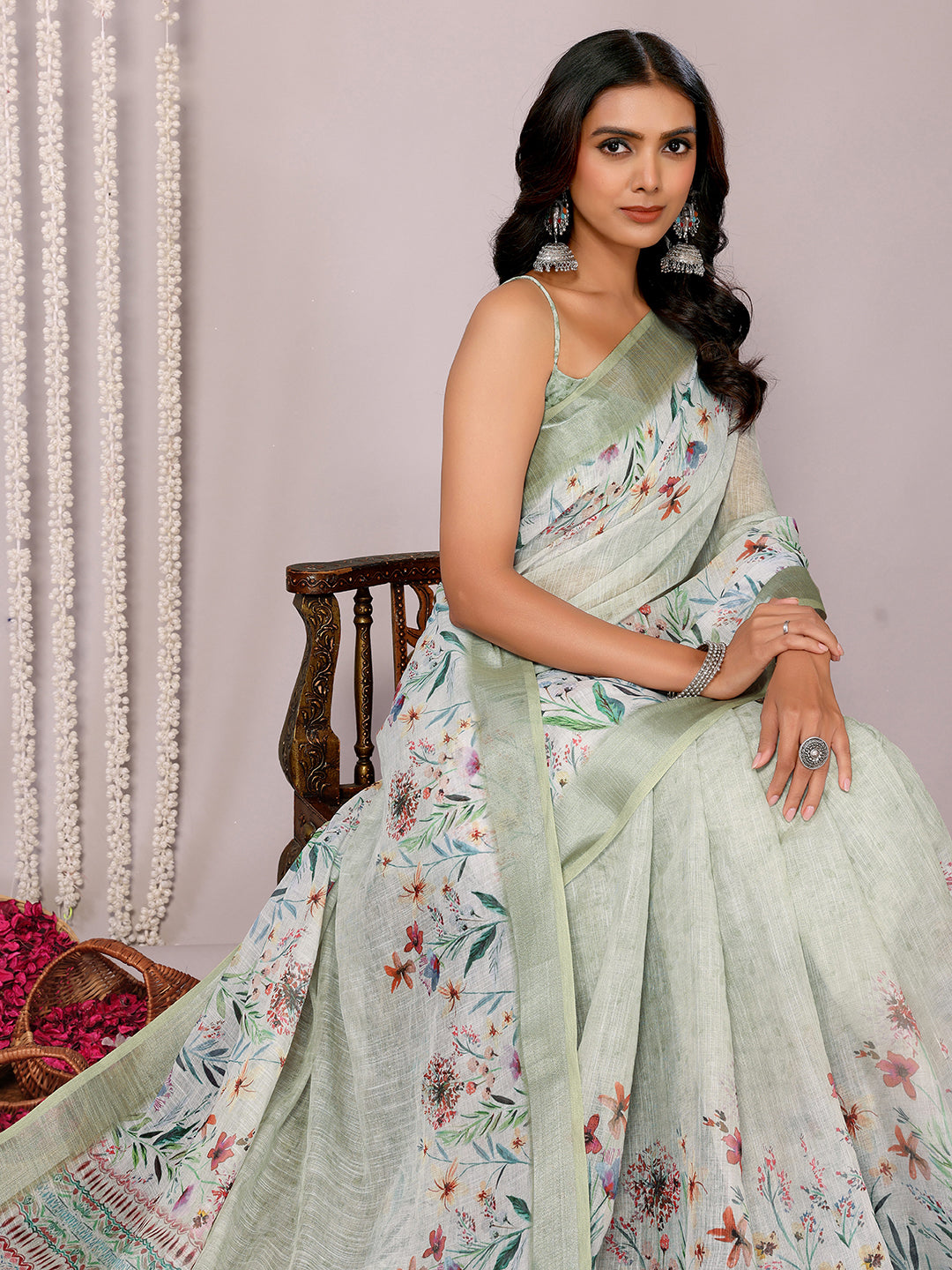 Light Green Linen Blend Floral Printed Daily Wear Saree with Blouse Piece
