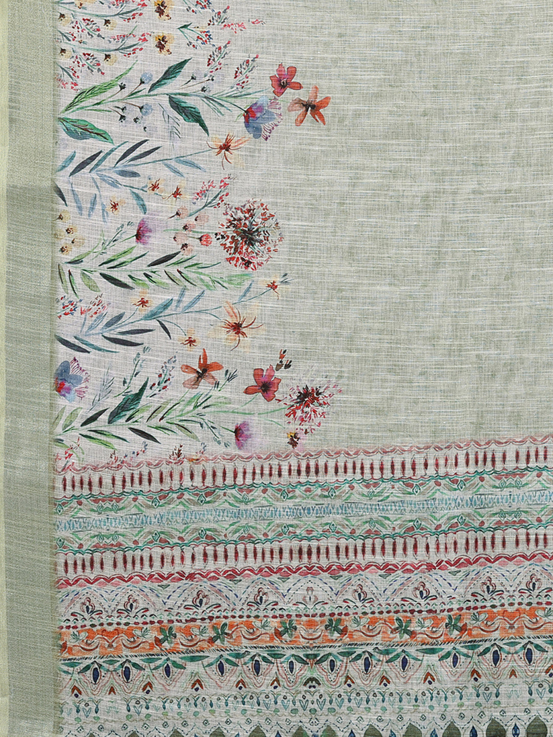 Light Green Linen Blend Floral Printed Daily Wear Saree with Blouse Piece