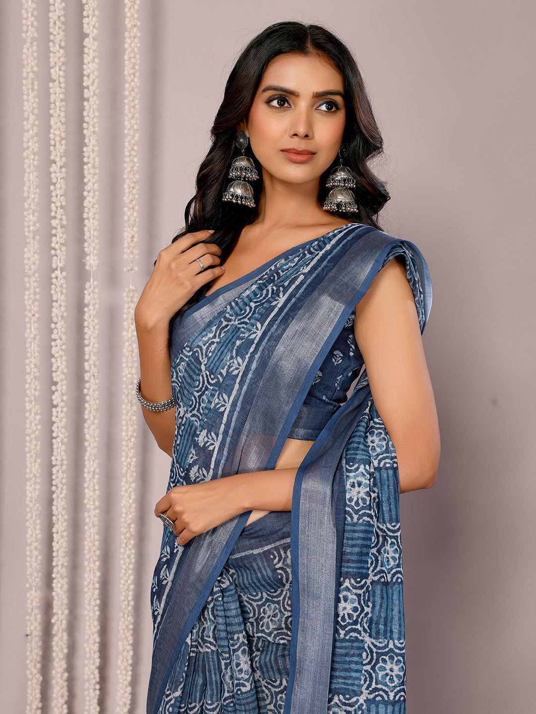 Navy Blue Linen Blend Block Print Printed Daily Wear Saree with Blouse Piece