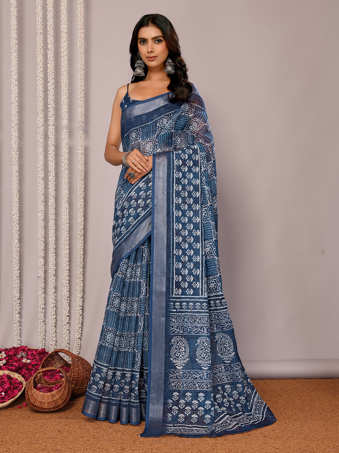 Navy Blue Linen Blend Block Print Printed Daily Wear Saree with Blouse Piece