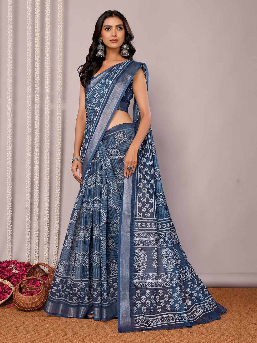 Navy Blue Linen Blend Block Print Printed Daily Wear Saree with Blouse Piece
