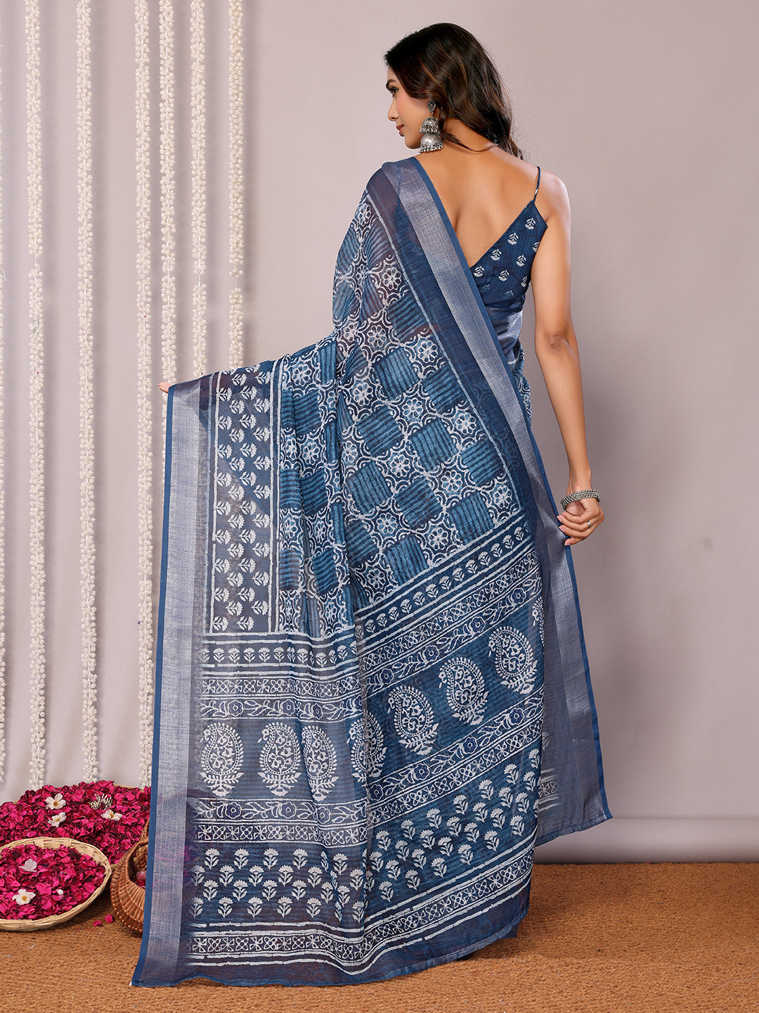 Navy Blue Linen Blend Block Print Printed Daily Wear Saree with Blouse Piece