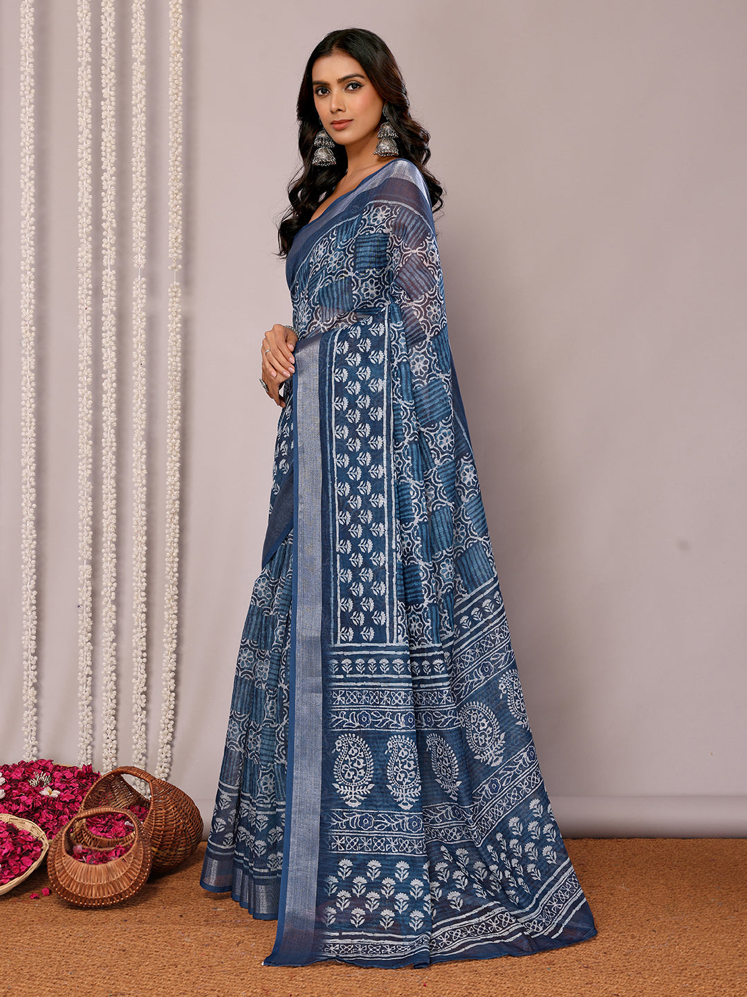 Navy Blue Linen Blend Block Print Printed Daily Wear Saree with Blouse Piece