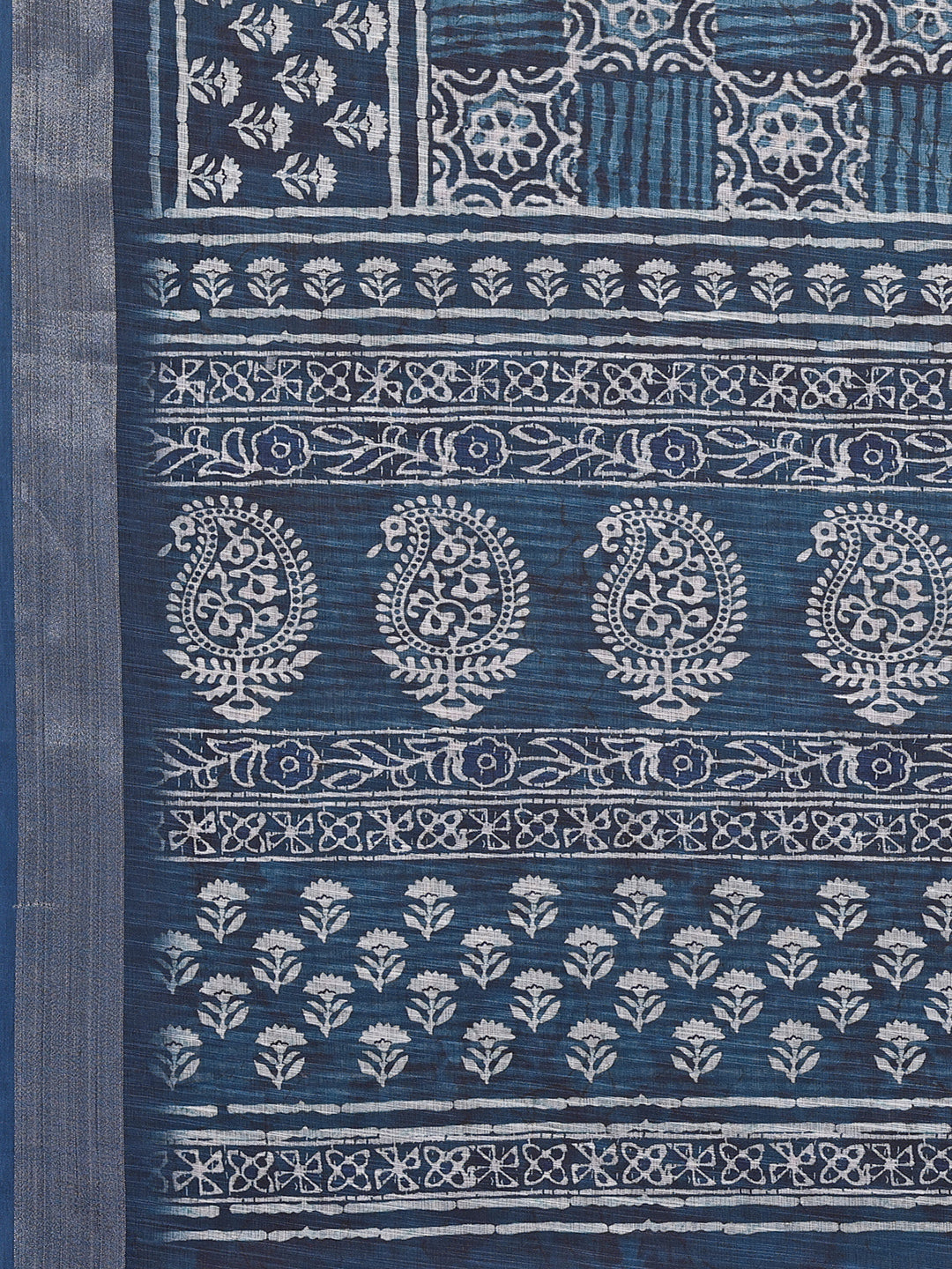Navy Blue Linen Blend Block Print Printed Daily Wear Saree with Blouse Piece