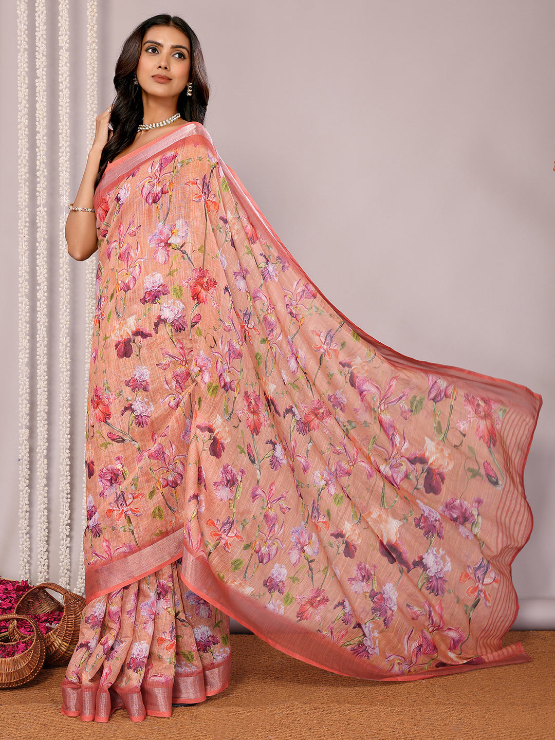 Peach Linen Blend Floral Printed Daily Wear Saree with Blouse Piece