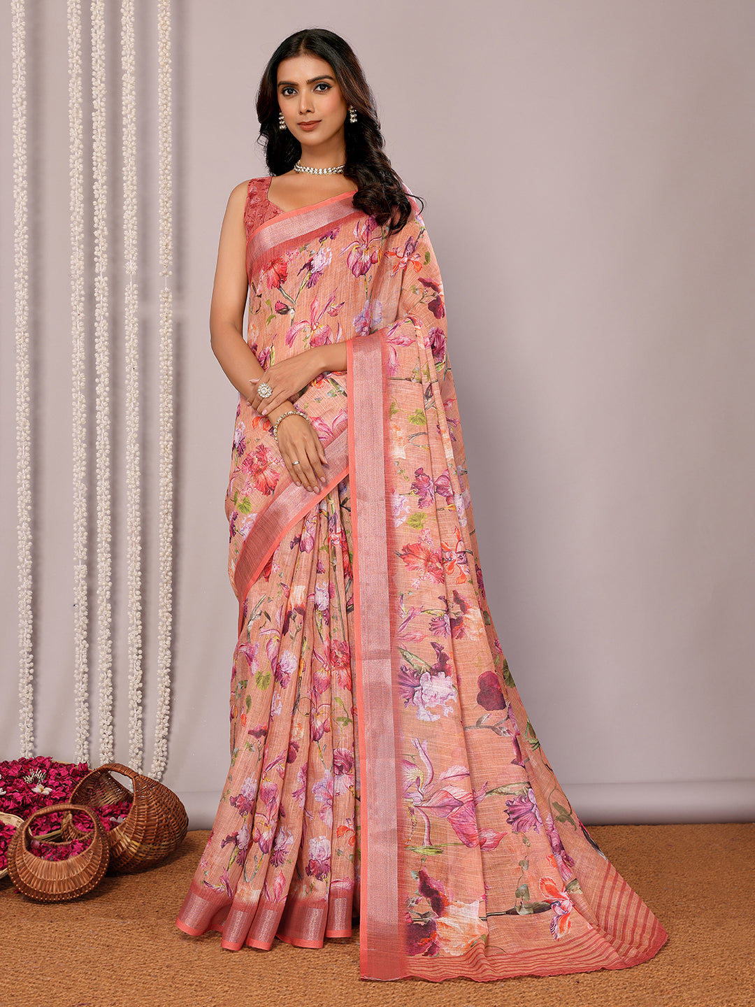Peach Linen Blend Floral Printed Daily Wear Saree with Blouse Piece