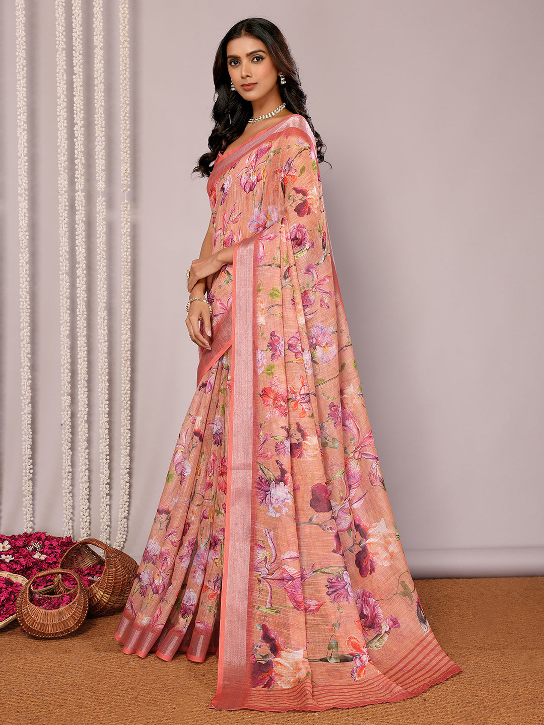 Peach Linen Blend Floral Printed Daily Wear Saree with Blouse Piece