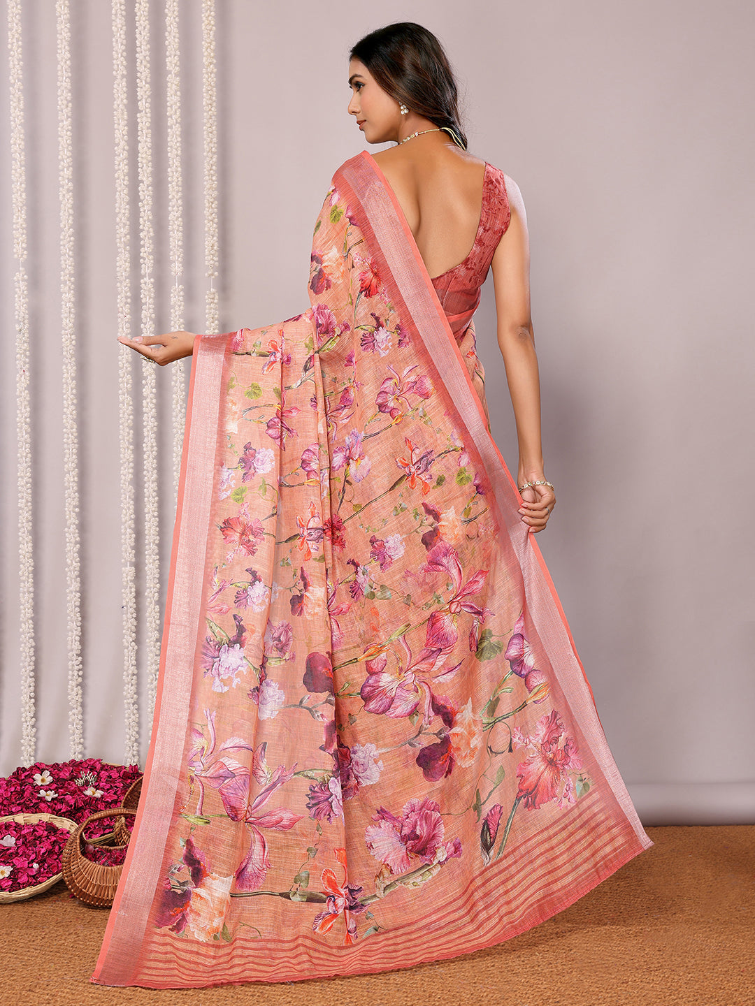 Peach Linen Blend Floral Printed Daily Wear Saree with Blouse Piece
