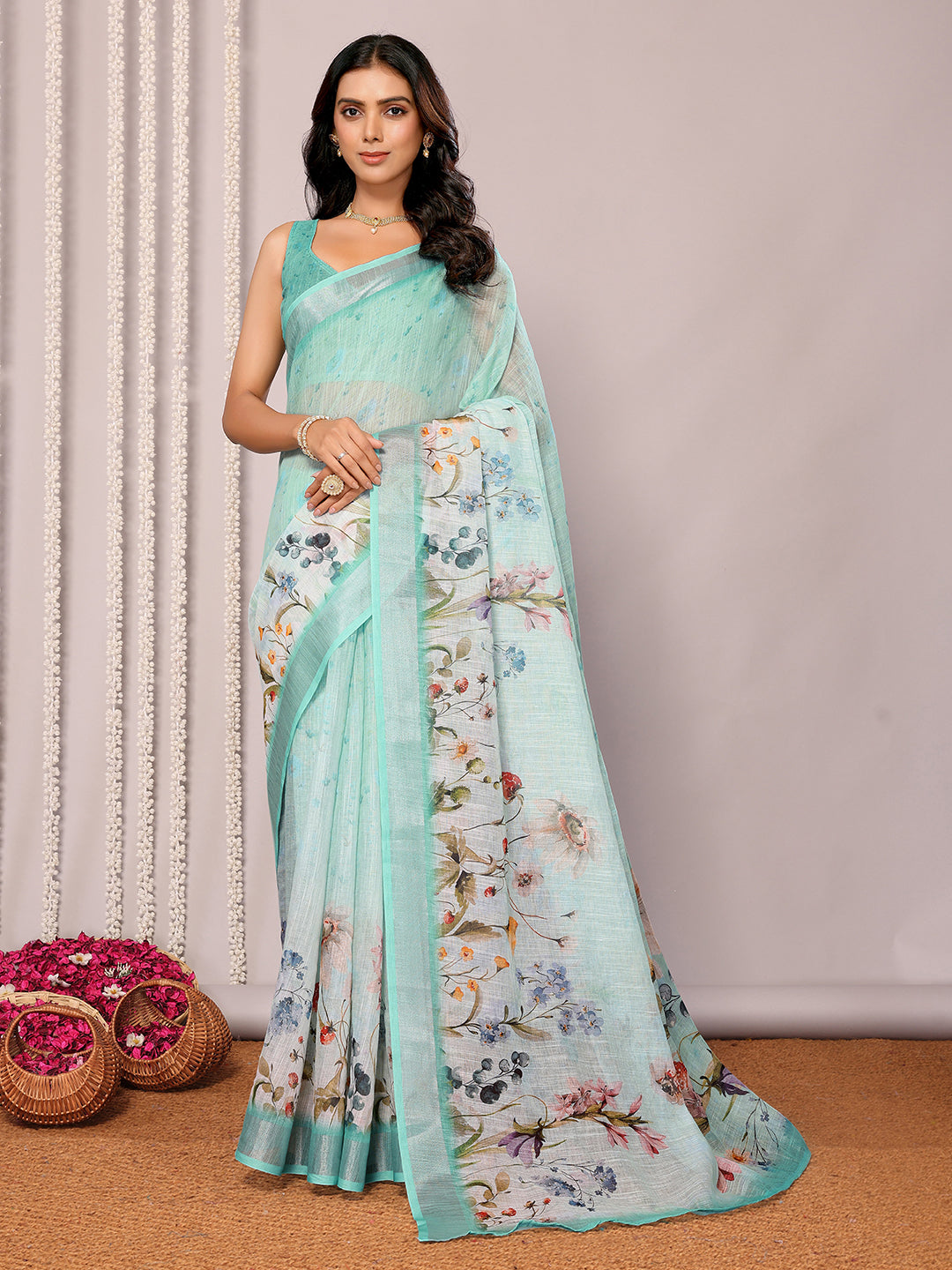 Sea Green Linen Blend Floral Printed Daily Wear Saree with Blouse Piece